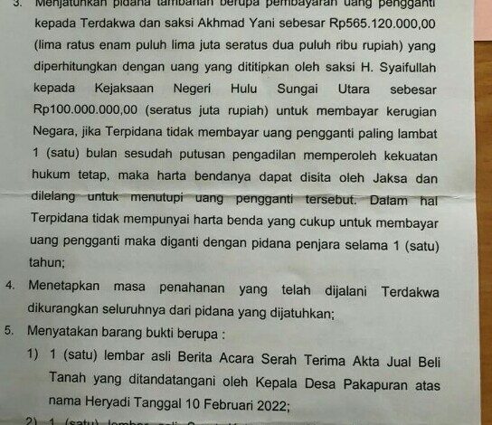 Kasasi, Terdakwa  Penilai Pengadaan Tanah Gedung Samsat Amuntai Diputus 4 Tahun Penjara oleh MARI