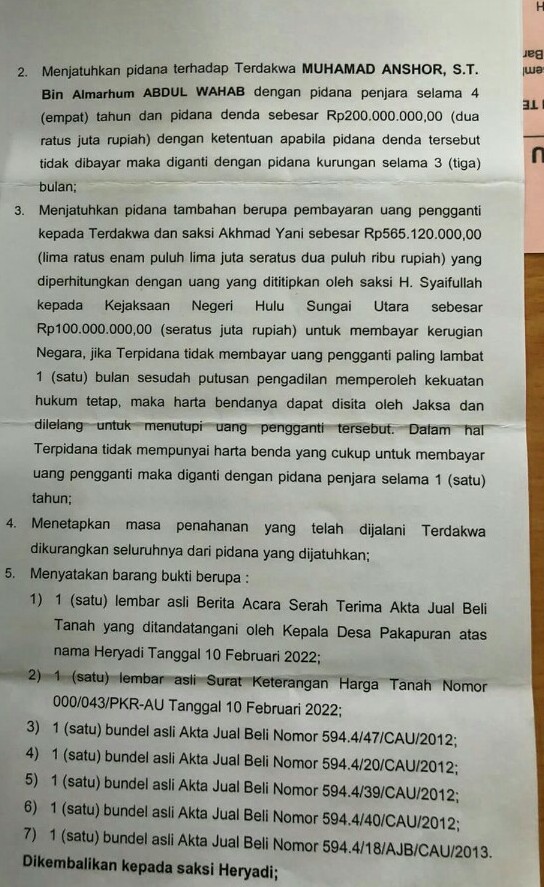 Kasasi, Terdakwa  Penilai Pengadaan Tanah Gedung Samsat Amuntai Diputus 4 Tahun Penjara oleh MARI