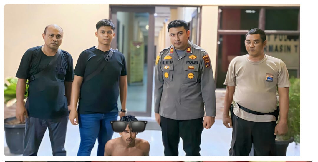 ANCAM SAJAM – Kapolsek Banjarmasin Timur AKP Erus Alsepa dan anggotanya saat berhasil meringkus pelaku pengancaman penyerangan