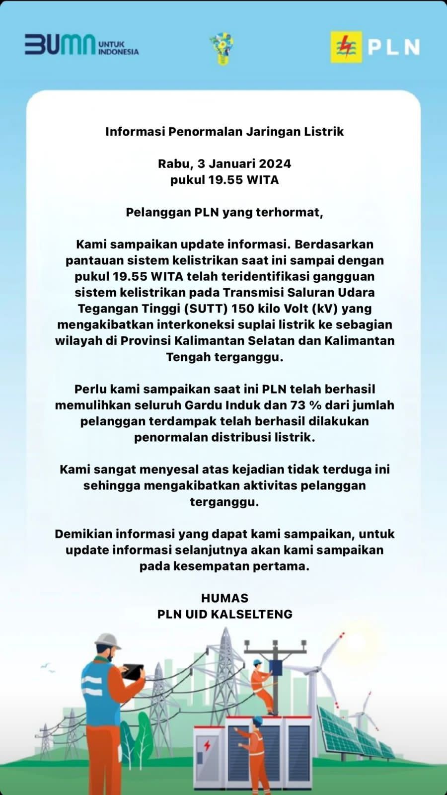 Informasi Penormalan Jaringan Listrik di Kalselteng