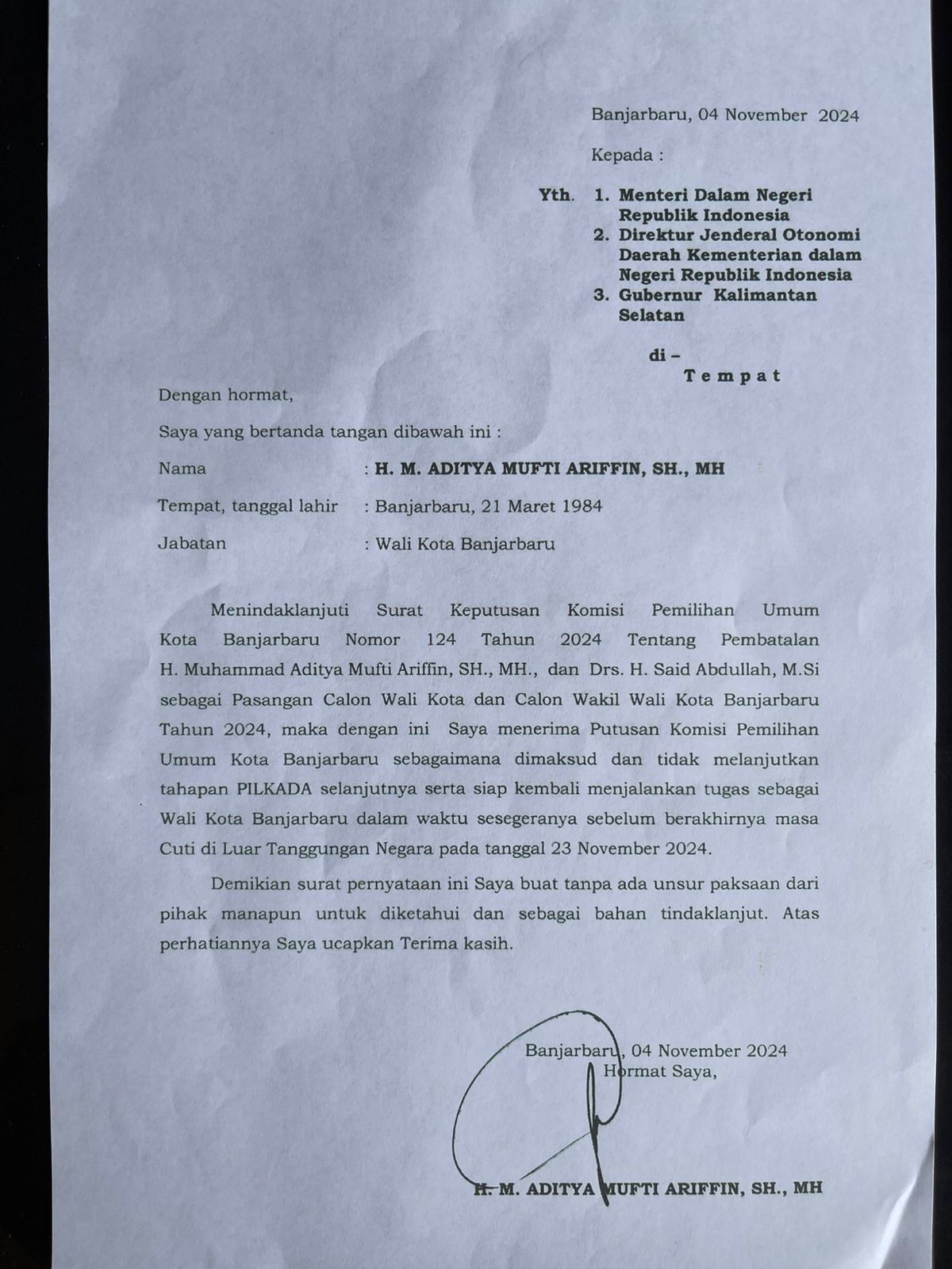 Muncul Isi Surat Aditya Ariffin Legowo Didiskualifikasi KPU Banjarbaru