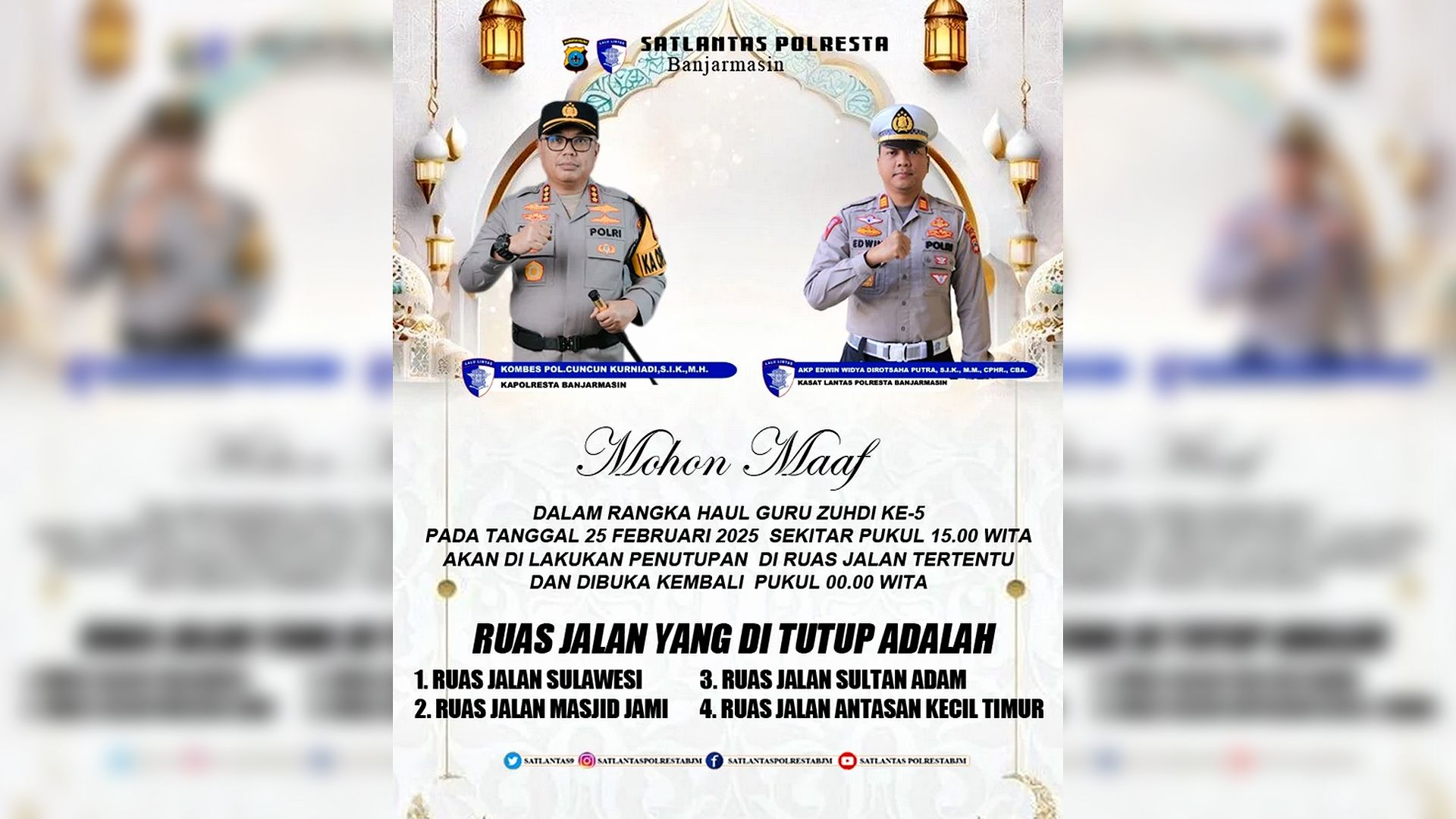Besok Haul Ke-5 Guru Zuhdi, Polisi Rekayasa Jalan di Banjarmasin
