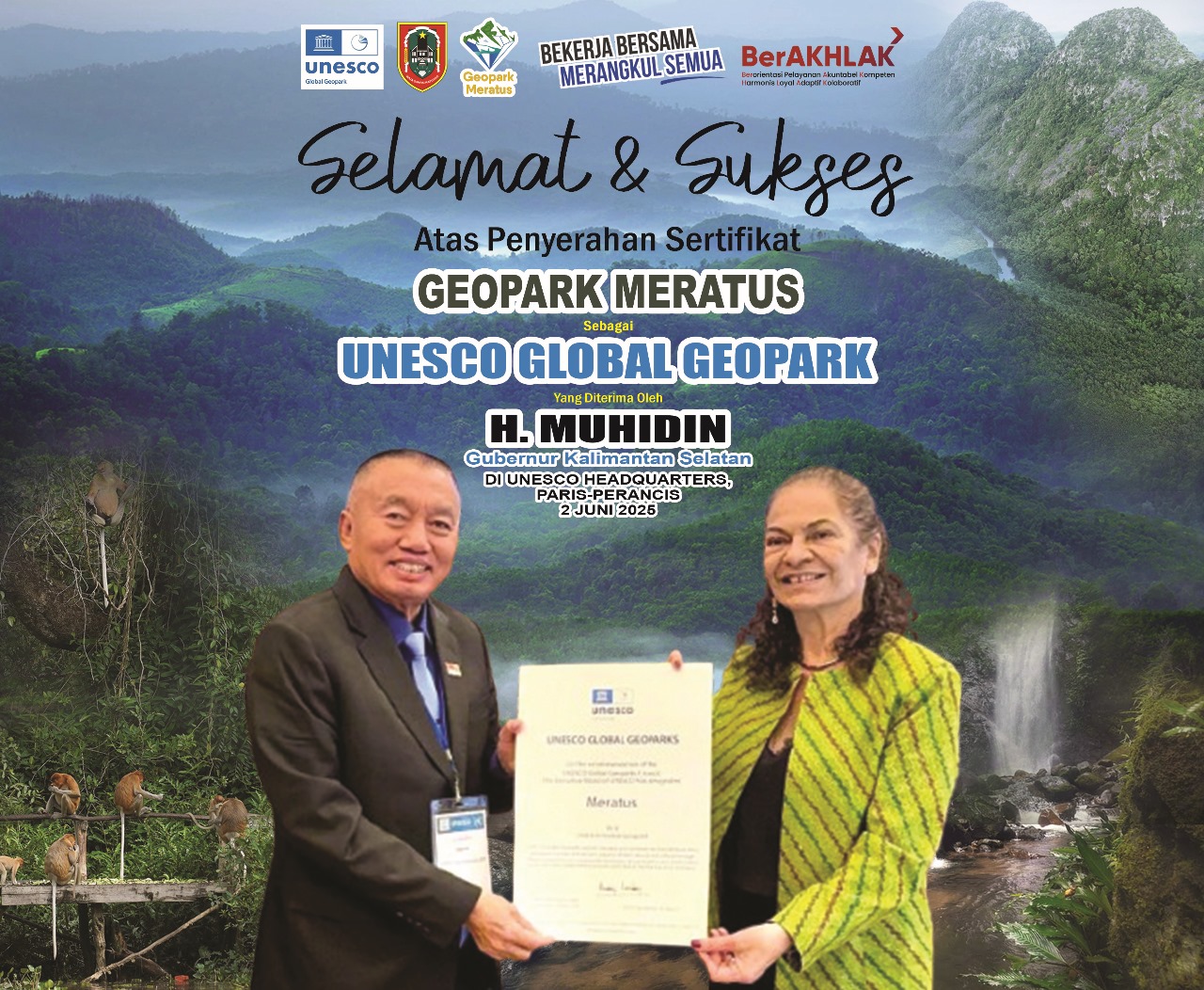 Gubernur Kalsel H. Muhidin Terima Serifikat UNESCO Global Geoparks Meratus