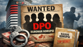 Ilustrasi DPO buronan korupsi KPK. Gedung Merah Putih KPK menjadi latar belakang, di depan terlihat poster “WANTED” dengan siluet lima buronan, dokumen kasus bertanda “TOP SECRET”, tumpukan uang, dan borgol, menggambarkan upaya KPK memburu para pelaku tindak pidana korupsi yang masih bebas.