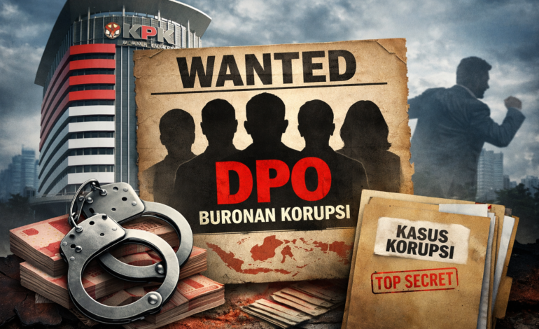 Ilustrasi DPO buronan korupsi KPK. Gedung Merah Putih KPK menjadi latar belakang, di depan terlihat poster “WANTED” dengan siluet lima buronan, dokumen kasus bertanda “TOP SECRET”, tumpukan uang, dan borgol, menggambarkan upaya KPK memburu para pelaku tindak pidana korupsi yang masih bebas.