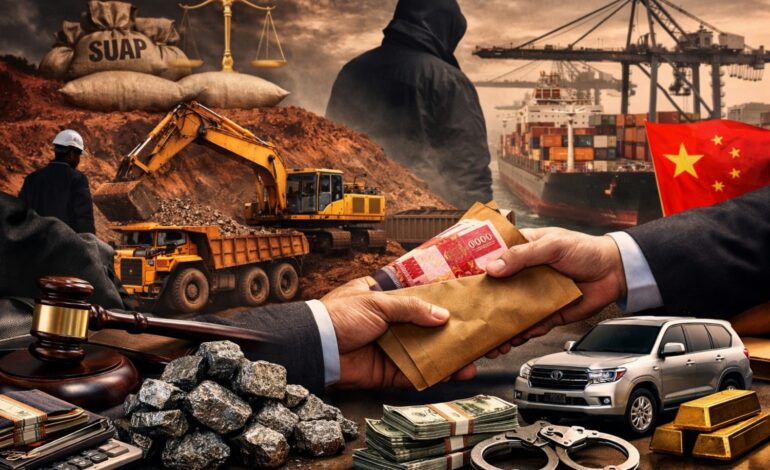 Ilustrasi dugaan korupsi tambang nikel: praktik suap perizinan, aktivitas pertambangan, dan ekspor mineral yang diduga merugikan keuangan negara.