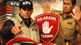 Ilustrasi menampilkan petugas KPK memberi peringatan tegas kepada aparatur sipil negara terkait larangan menerima gratifikasi, disertai simbol hadiah, uang, dan palu hakim sebagai penegasan konsekuensi hukum di bawah aturan baru.