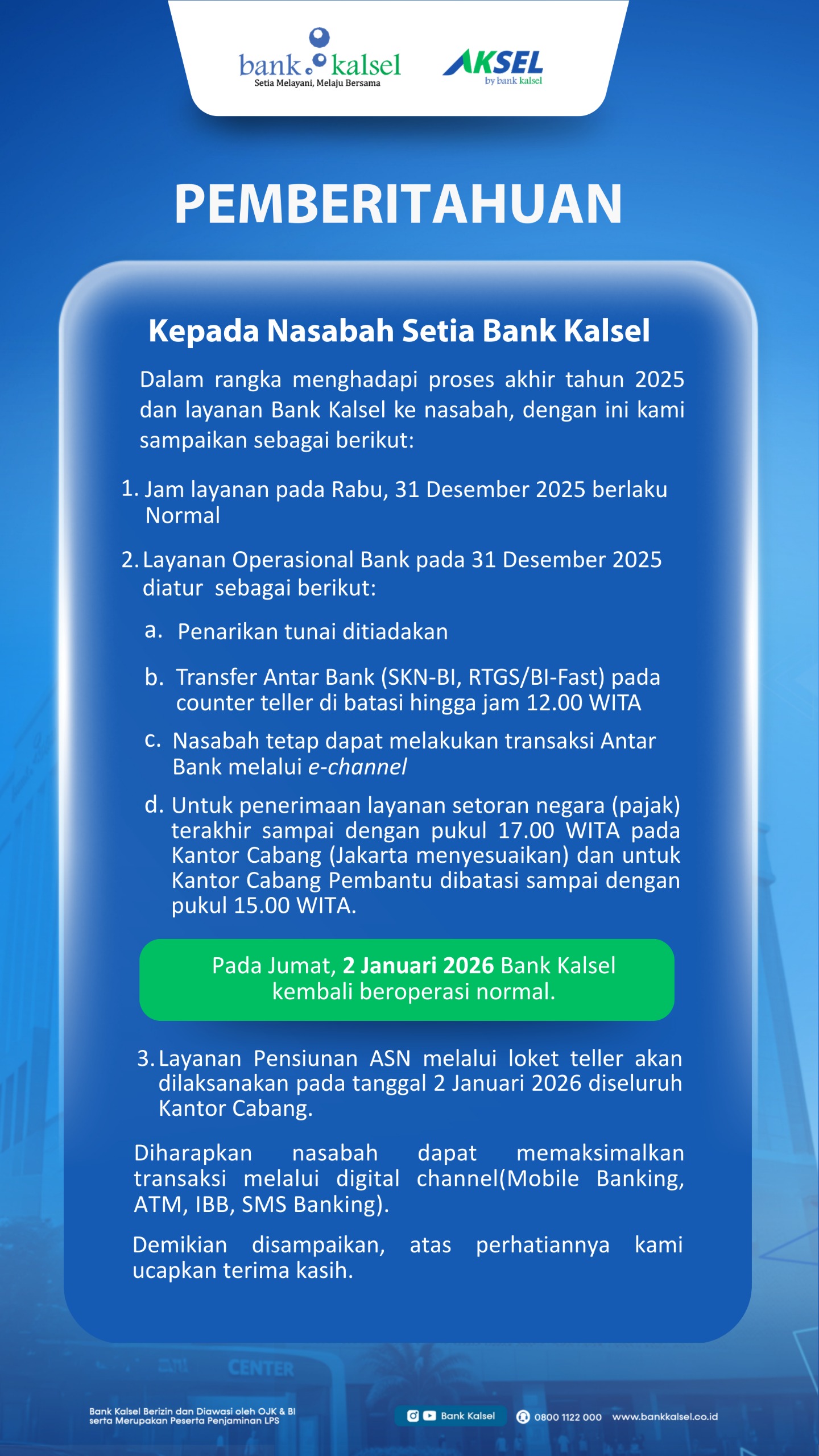 Bank Kalsel Kembali Beroperasi 2 Januari 2026